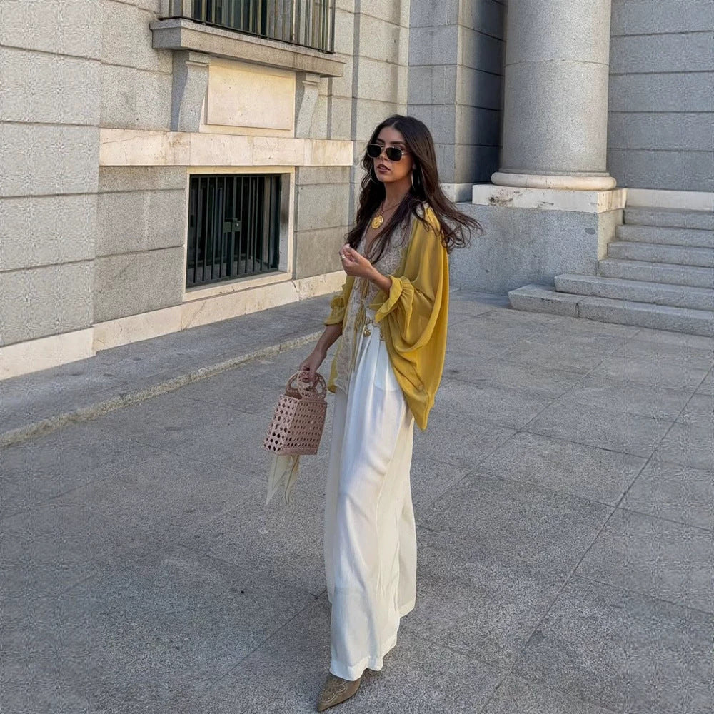 Women's blouse jacket with lace insert, deep V and balloon sleeves Mune Fashion