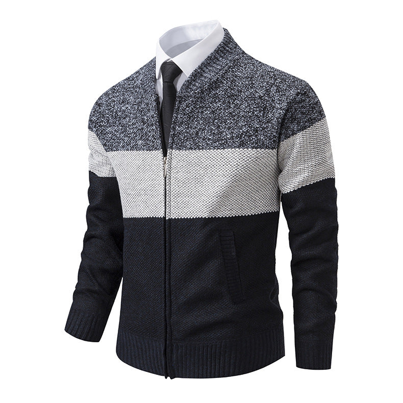 Men's Structured Block Stripe Cardigan with Front Zip, Stand Collar and Patch Pockets Mune Fashion