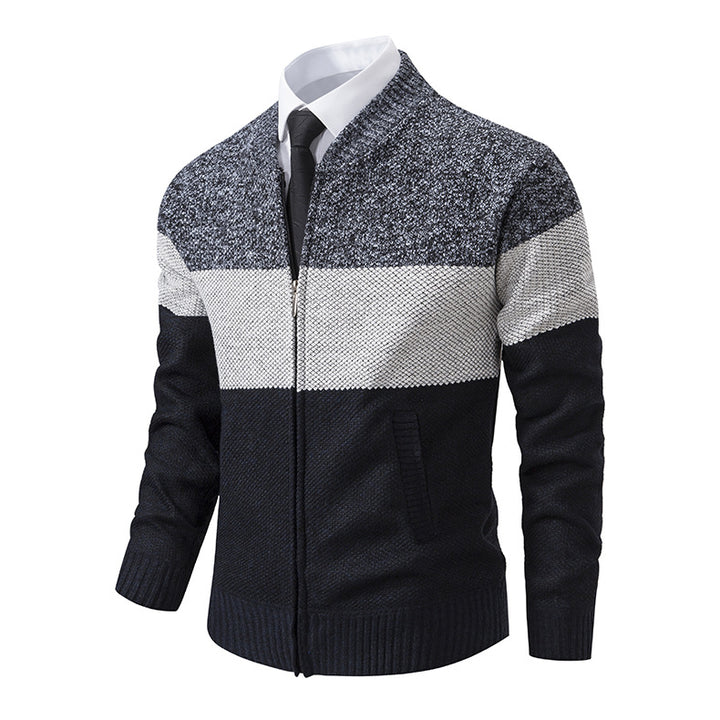 Men's Structured Block Stripe Cardigan with Front Zip, Stand Collar and Patch Pockets Mune Fashion