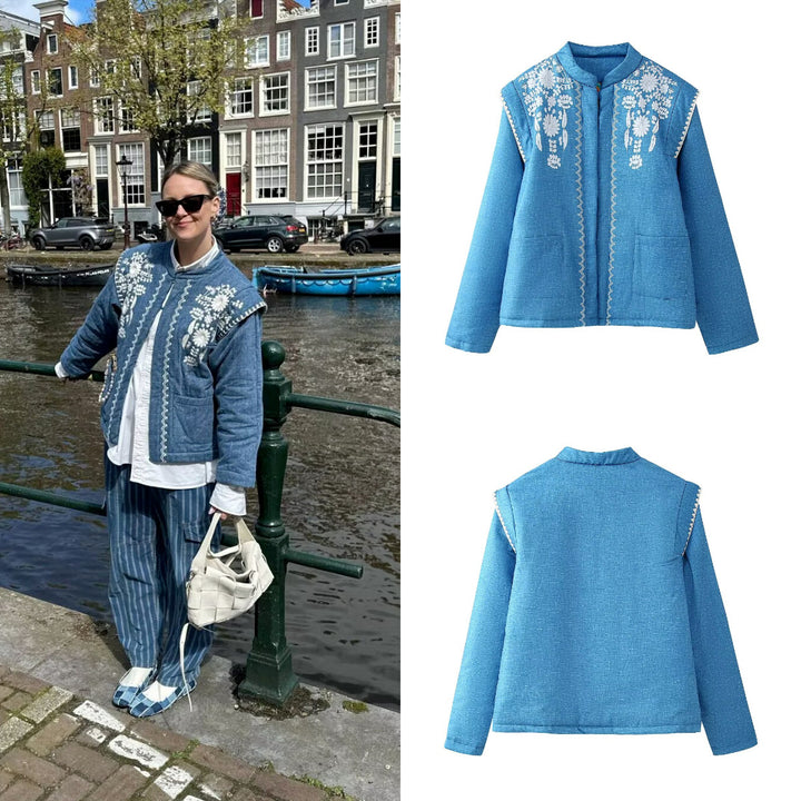 Women Quilted Linen Look Stand Collar Jacket with Folk Chest Embroidery & Patch Pockets Mune Fashion
