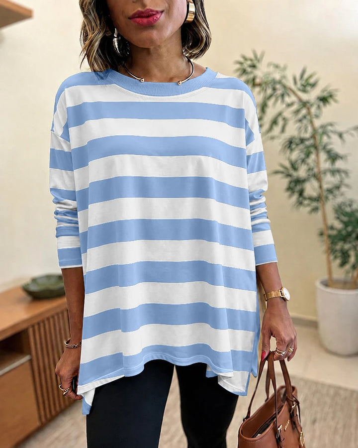 Women Oversized Striped Long Sleeve with Round Neckline and Rounded Hem Drune