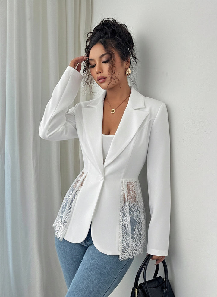 Women's nan tailored blazer with lace trim and deep V-neck Mune Fashion