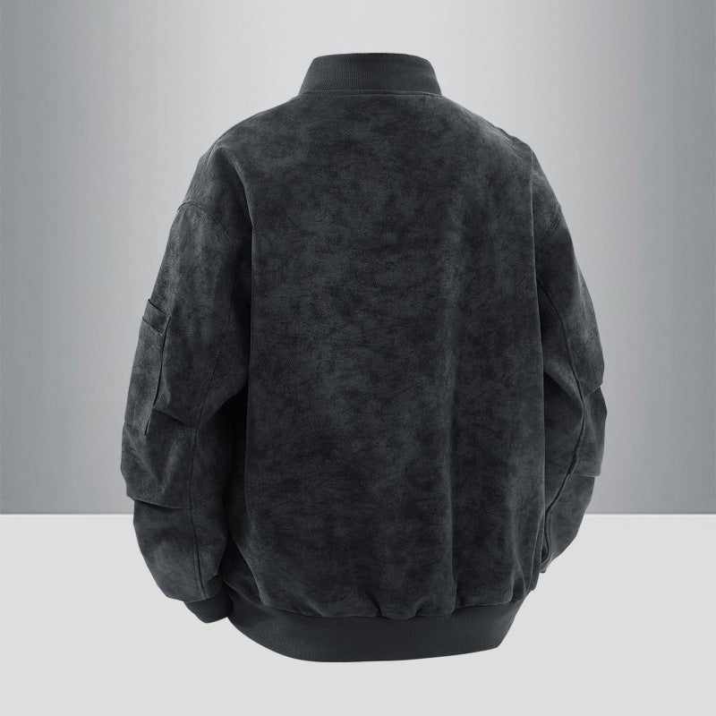 Men's Suede Look Bomber Jacket with Full Zip, Rib Collar and Utility Pockets Mune Fashion