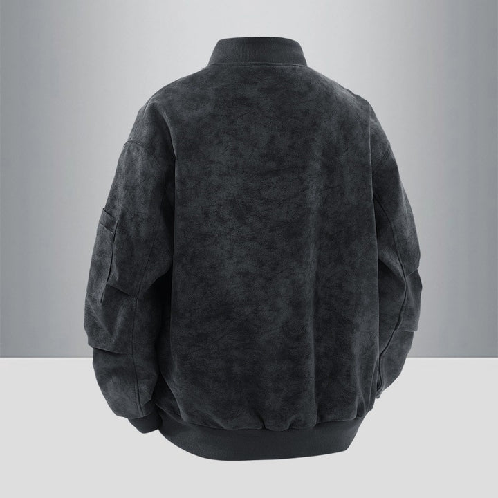 Men's Suede Look Bomber Jacket with Full Zip, Rib Collar and Utility Pockets Mune Fashion
