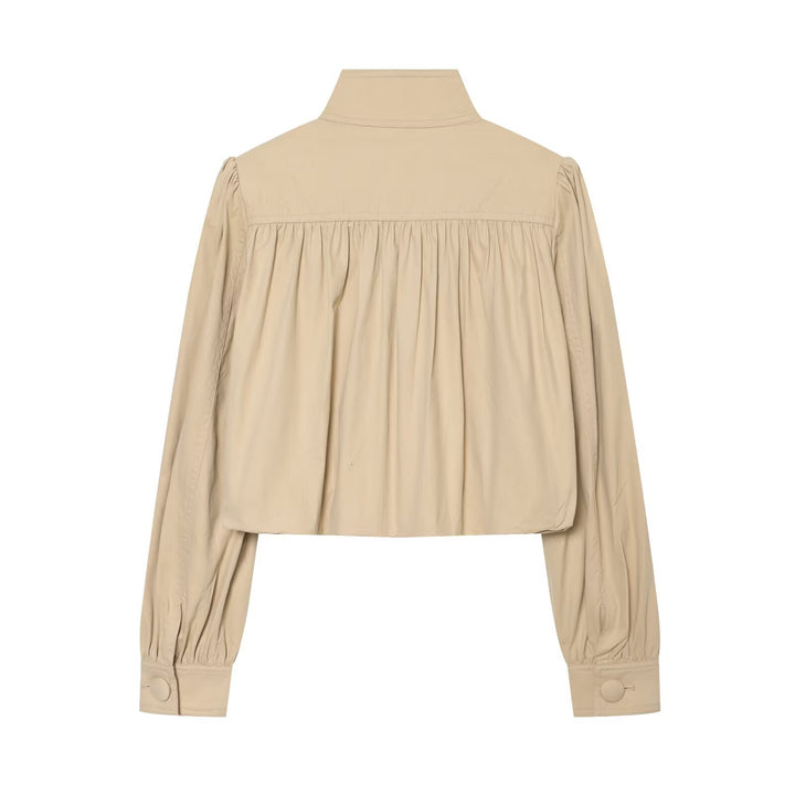 Women’s Lightweight Cropped Jacket with Gathered Shoulders, Stand Collar and Zipper Mune Fashion