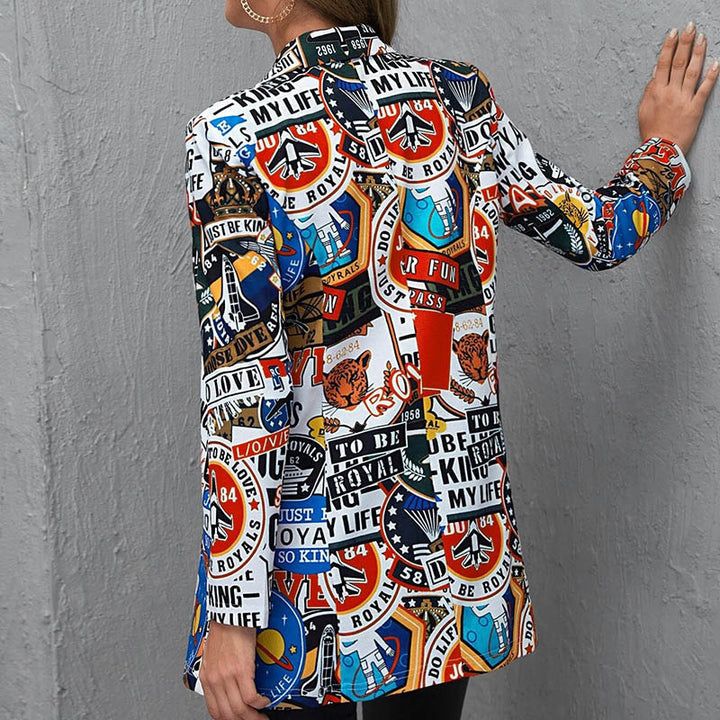 Women's Printed Long Blazer with Graphic Street Art Pattern and Tailored Fit Mune Fashion