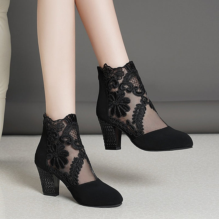 Women's elegant lace ankle boots with floral mesh insert, zipper, and decorative block heel Mune Fashion