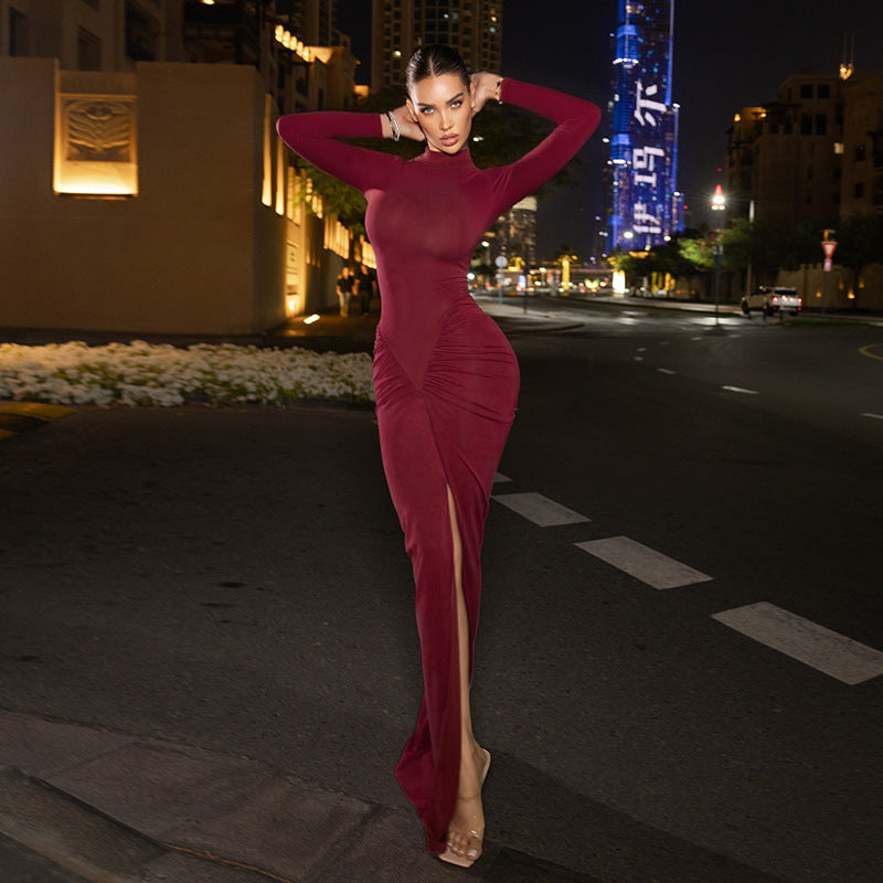 Women's Figure-Hugging Evening Maxi Dress with High Round Neck, Long Sleeves, Gathered Hip Area and Front Slit Mune Fashion