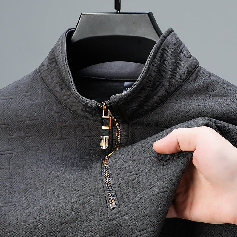 Men's Structure Jacquard Sweater with Short Zipper and Stand-Up Collar Mune Fashion
