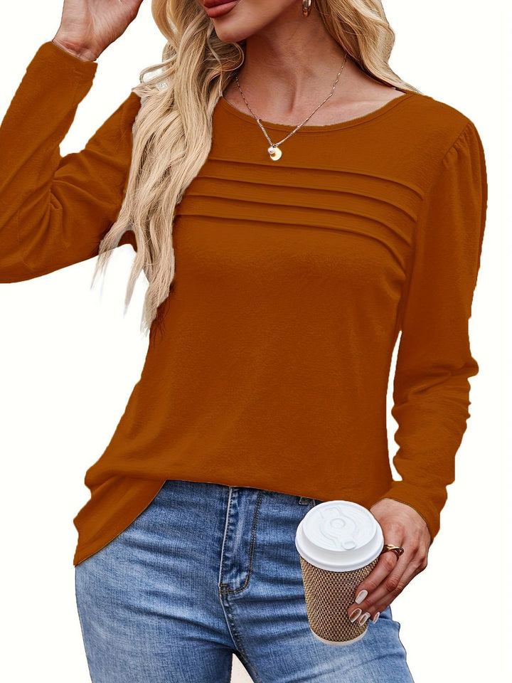 Women Fine Long Sleeve Shirt with Round Neck, Decorative Darts and Slightly Fitted A-Line Mune Fashion