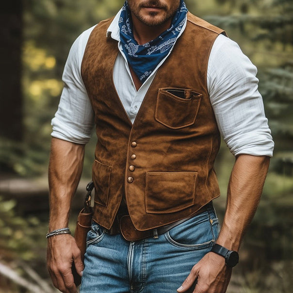 Men's Western-Inspired Suede Vest with Button Placket and Utility Pockets Mune Fashion