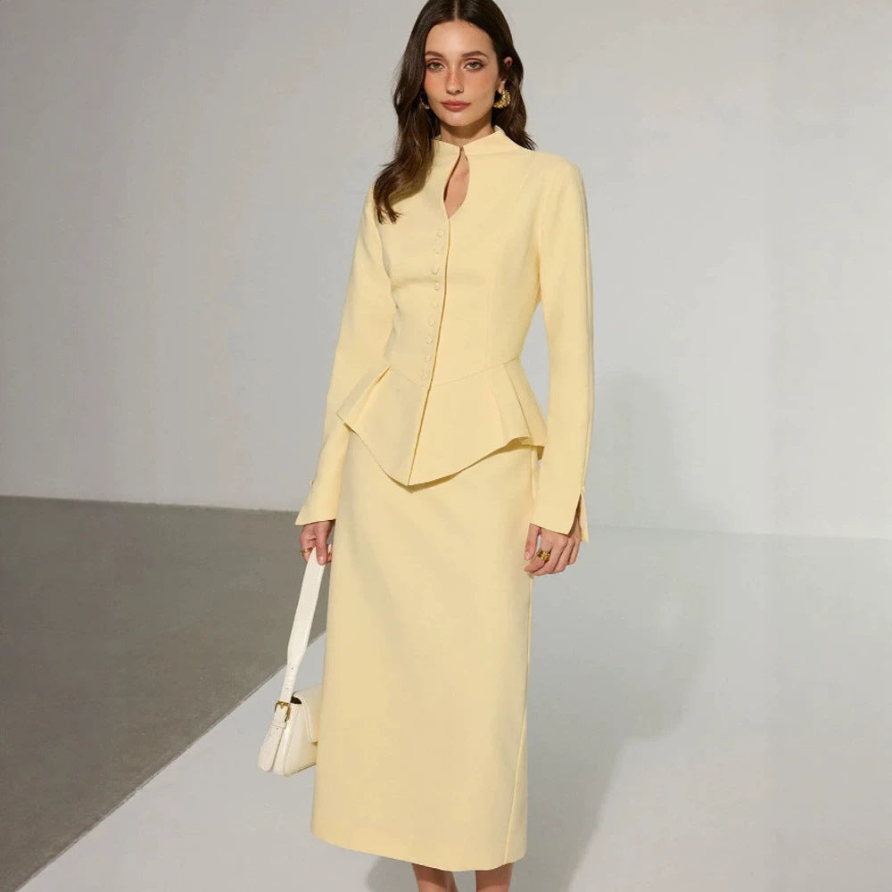 Women's Two-Piece Tailored Blazer and Pencil Skirt Set with Stand Collar and Peplum Dress