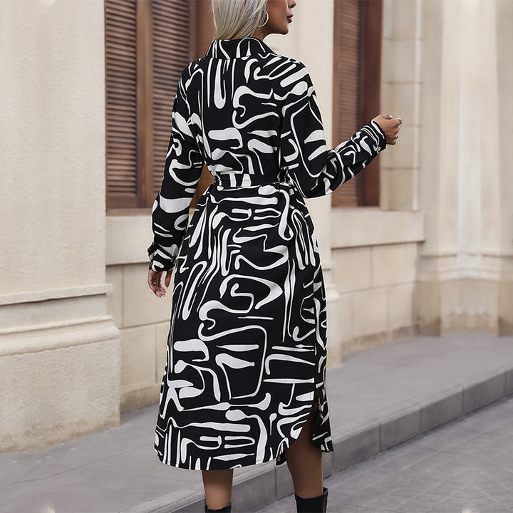 Women’s shirt blouse midi dress with abstract print, decorative button placket and tie belt Mune Fashion