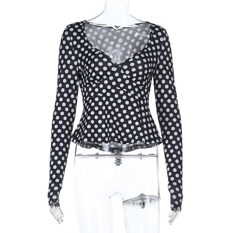 Women's long-sleeve top with polka dot pattern, fitted peplum and heart-shaped neckline Mune Fashion