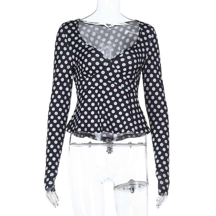 Women's long-sleeve top with polka dot pattern, fitted peplum and heart-shaped neckline Mune Fashion