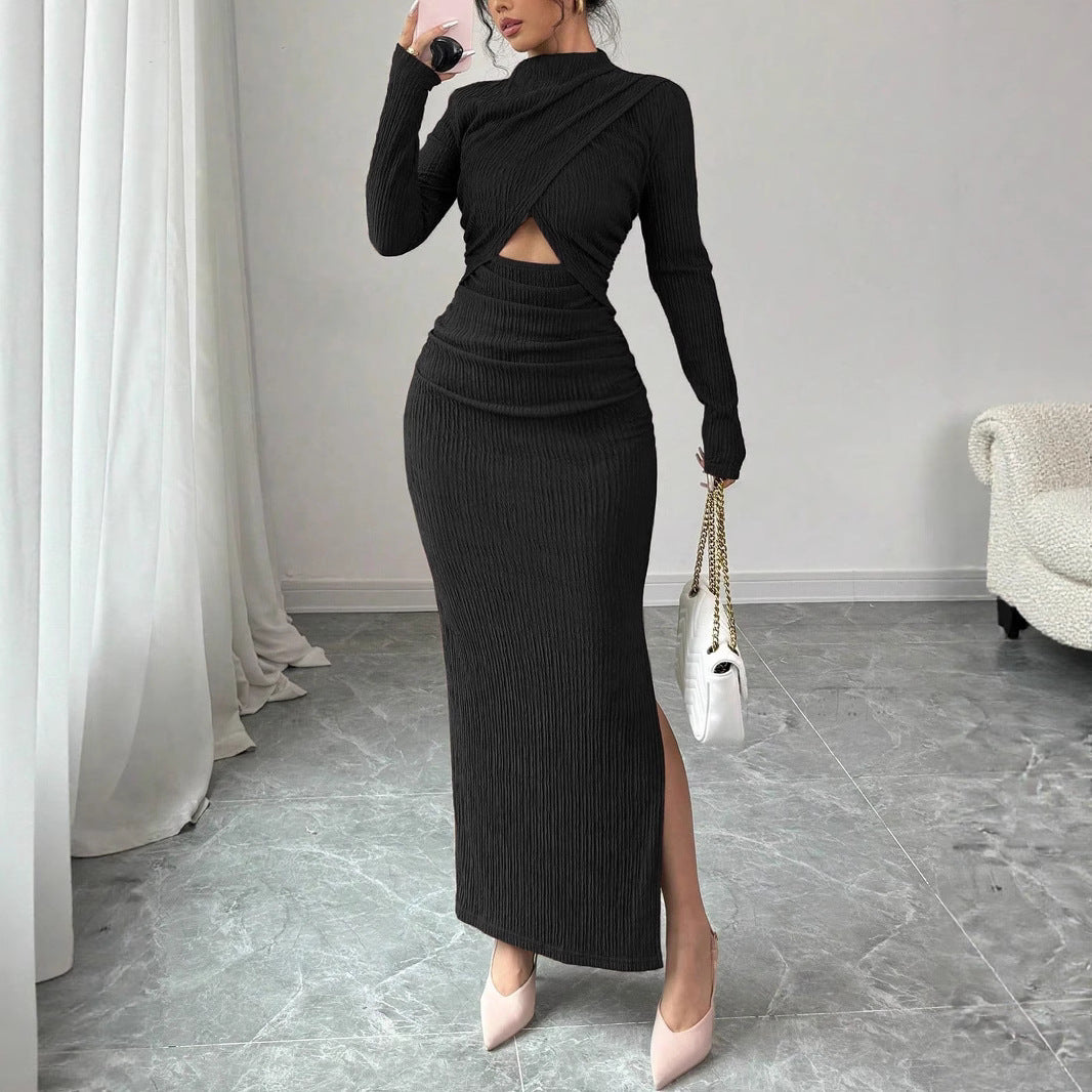 Women's Midi Dress with Cut-Outs Ribbed Structure and Side Slit Mune Fashion
