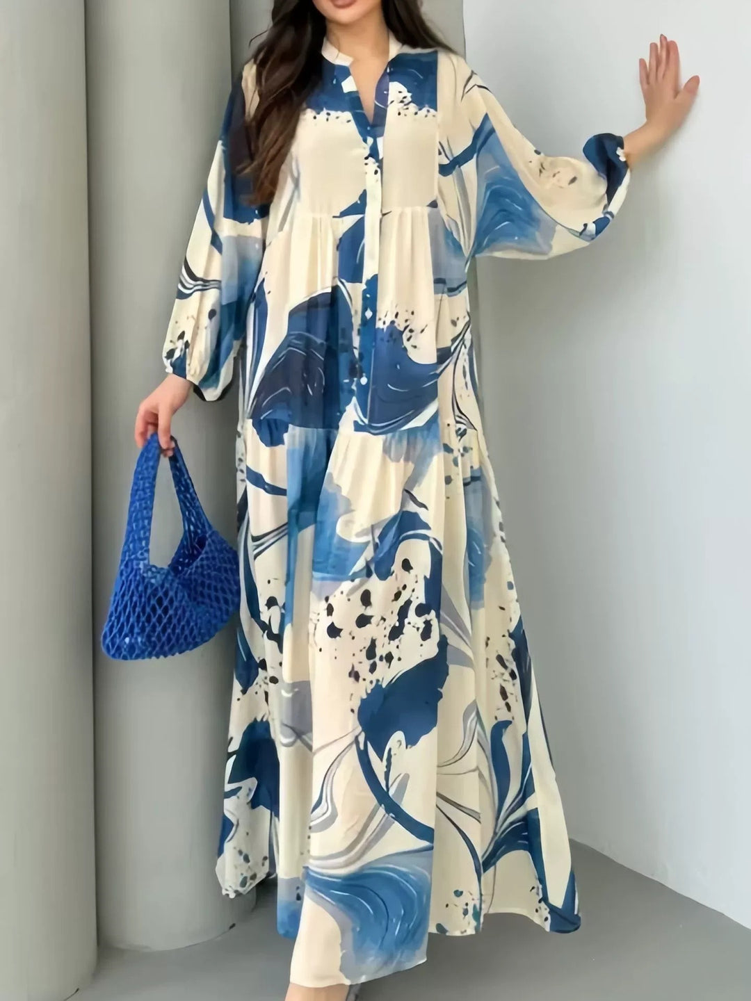 Women's Flowing Tiered Dress with Stand Collar, Balloon Sleeves and Button Placket Mune Fashion