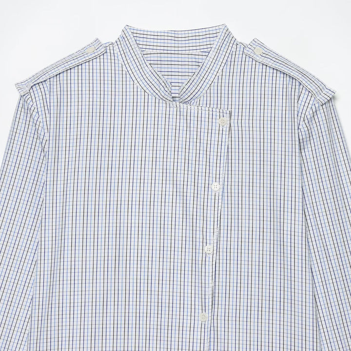 Women's Checkered Shirt with Stand Collar, Asymmetrical Button Placket and Shoulder Epaulettes Mune Fashion