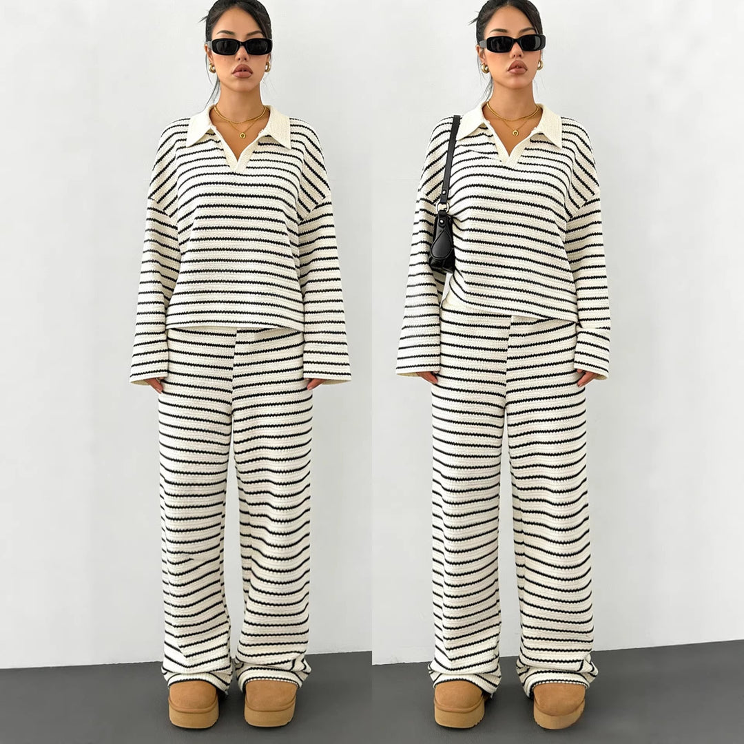 Women's Striped Knit Sweater with Polo Collar and Oversized Sleeves Mune Fashion