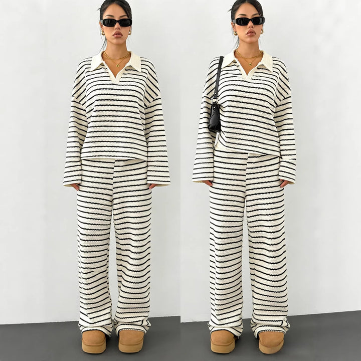 Women's Striped Knit Sweater with Polo Collar and Oversized Sleeves Mune Fashion