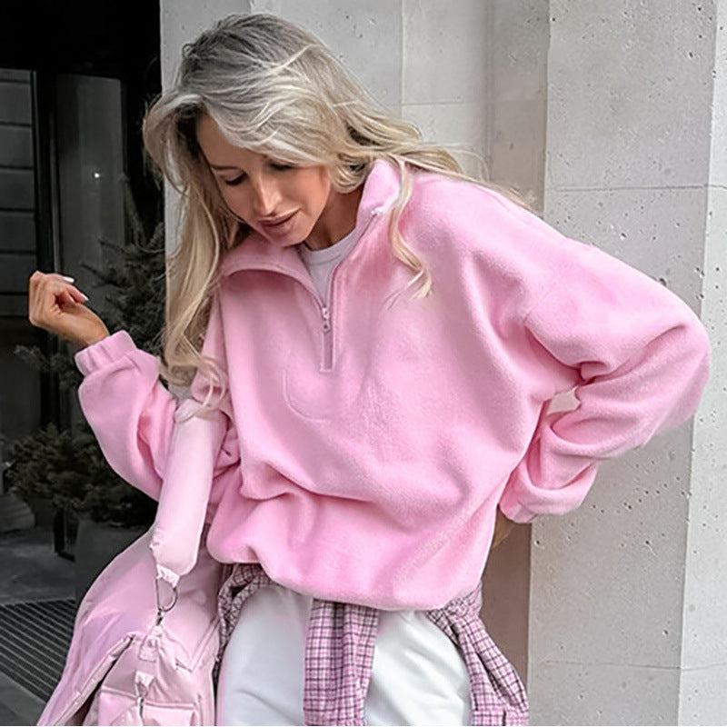 Women’s Oversized Fleece Pullover with Half Zipper and Stand-Up Collar Mune Fashion