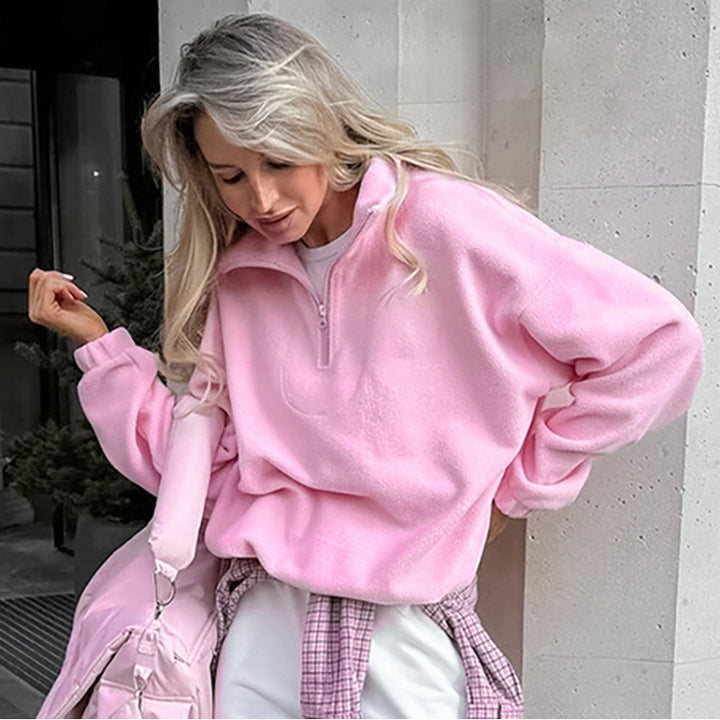 Women’s Oversized Fleece Pullover with Half Zipper and Stand-Up Collar Mune Fashion