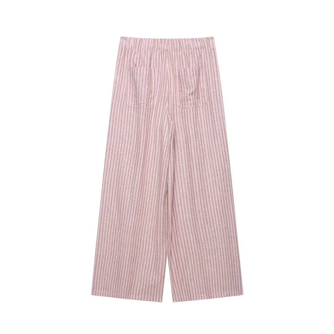 Women’s wide linen pants with striped pattern and drawstring Mune Fashion