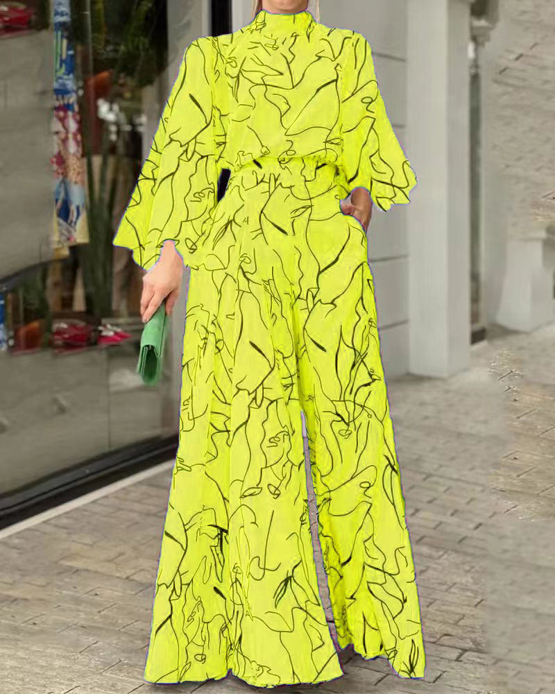 Women's Elegant Longline Jumpsuit with Stand Collar, Balloon Sleeves and Side Pockets