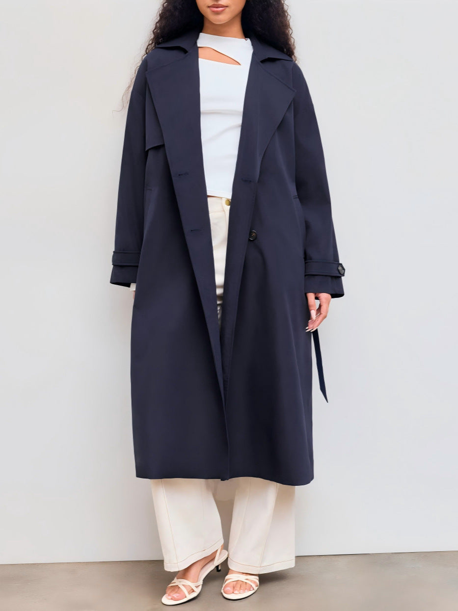 Women's Long Trench Coat with Loose Silhouette, Lapel Collar and Waist Belt Drune