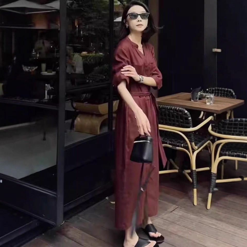 Women's Linen Jumpsuit with Tailored Tie Belt and 3/4 Sleeves Mune Fashion