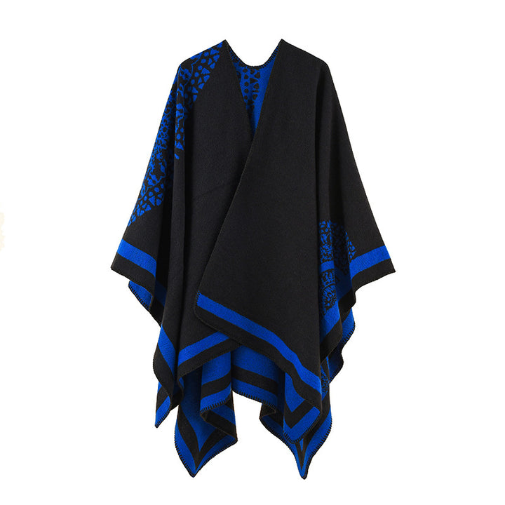 Women's Oversized Knit Poncho with Pattern Trim and Asymmetrical Hem Mune Fashion