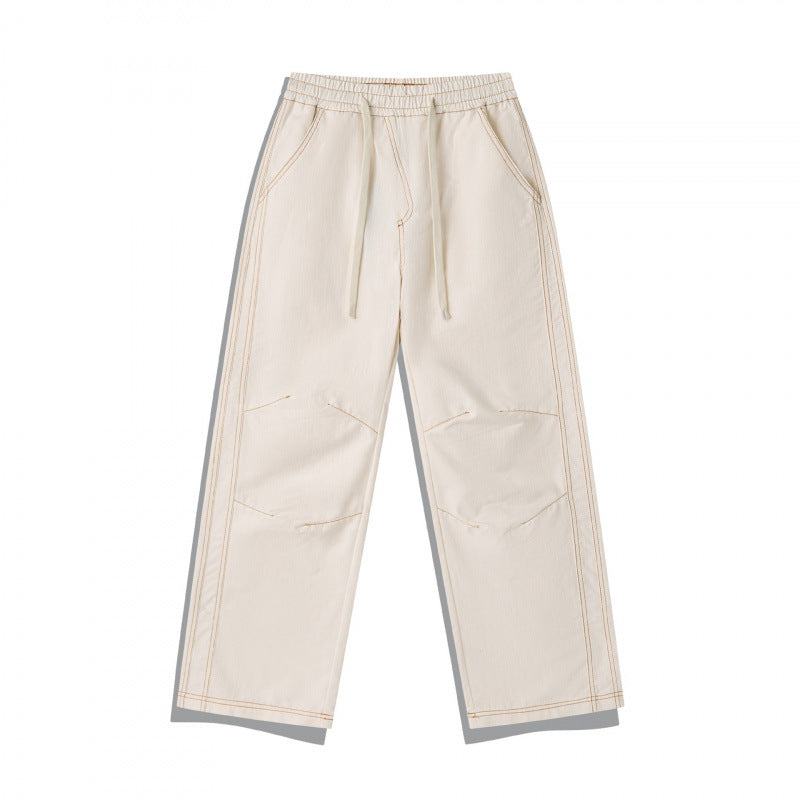Unisex Wide Denim Pants with Elastic Waistband, Drawstring and Quilted Knee Patch Mune Fashion