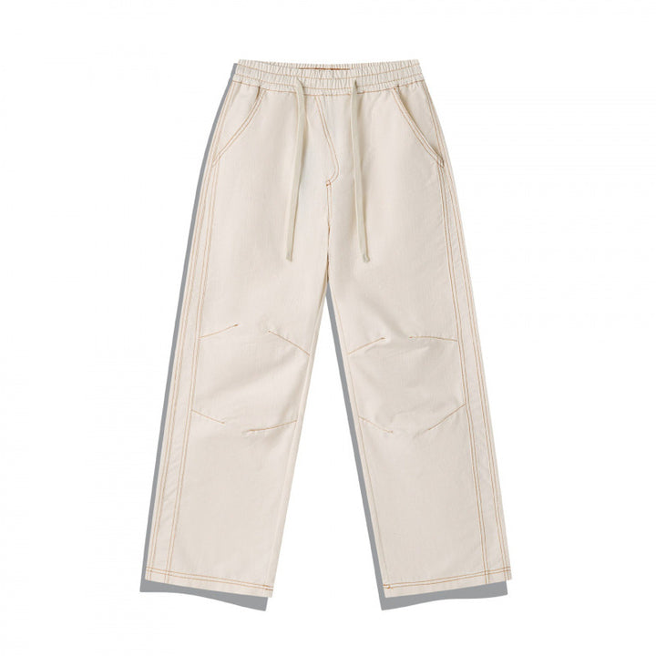 Unisex Wide Denim Pants with Elastic Waistband, Drawstring and Quilted Knee Patch Mune Fashion