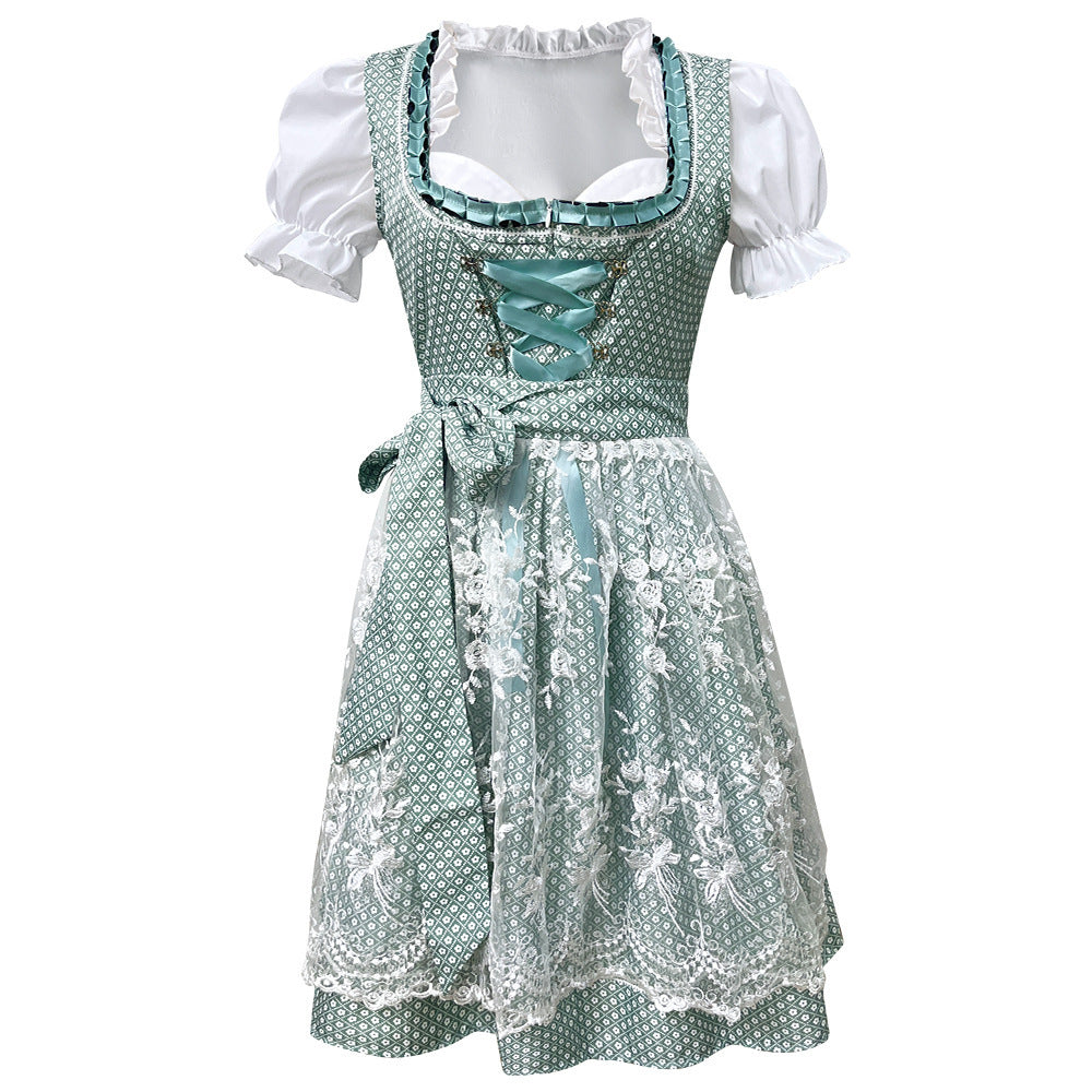 Ladies traditional short Dirndl with lace apron, heart neckline, puff sleeves and lacing Mune Fashion