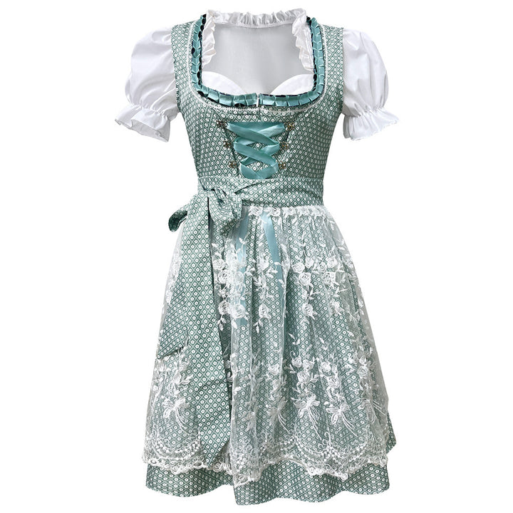 Ladies traditional short Dirndl with lace apron, heart neckline, puff sleeves and lacing Mune Fashion