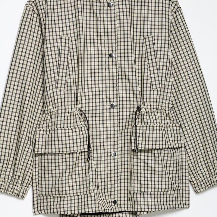 Women Checked Oversize Parka with Drawstring, Stand-Up Collar and Flap Pockets Mune Fashion