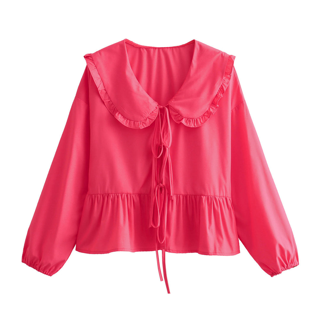 Women's Ruffle Blouse with Large Peter Pan Collar, Ties and Balloon Sleeves Mune Fashion