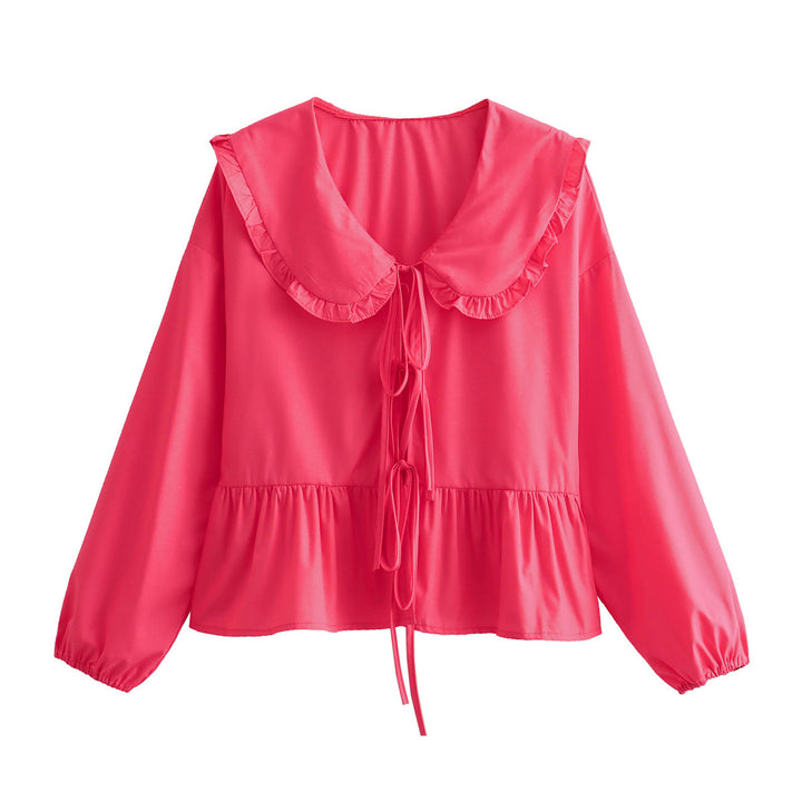 Women's Ruffle Blouse with Large Peter Pan Collar, Ties and Balloon Sleeves Mune Fashion