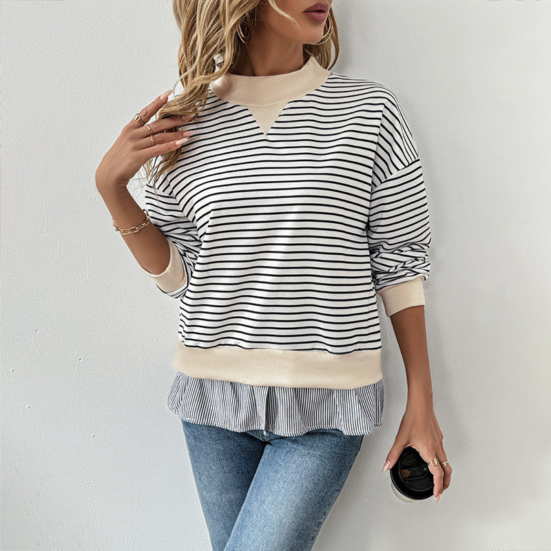 Women's Striped Layering Sweatshirt with Chiffon Insert and Contrasting Stand Collar Mune Fashion
