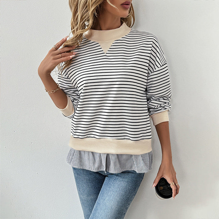 Women's Striped Layering Sweatshirt with Chiffon Insert and Contrasting Stand Collar Mune Fashion