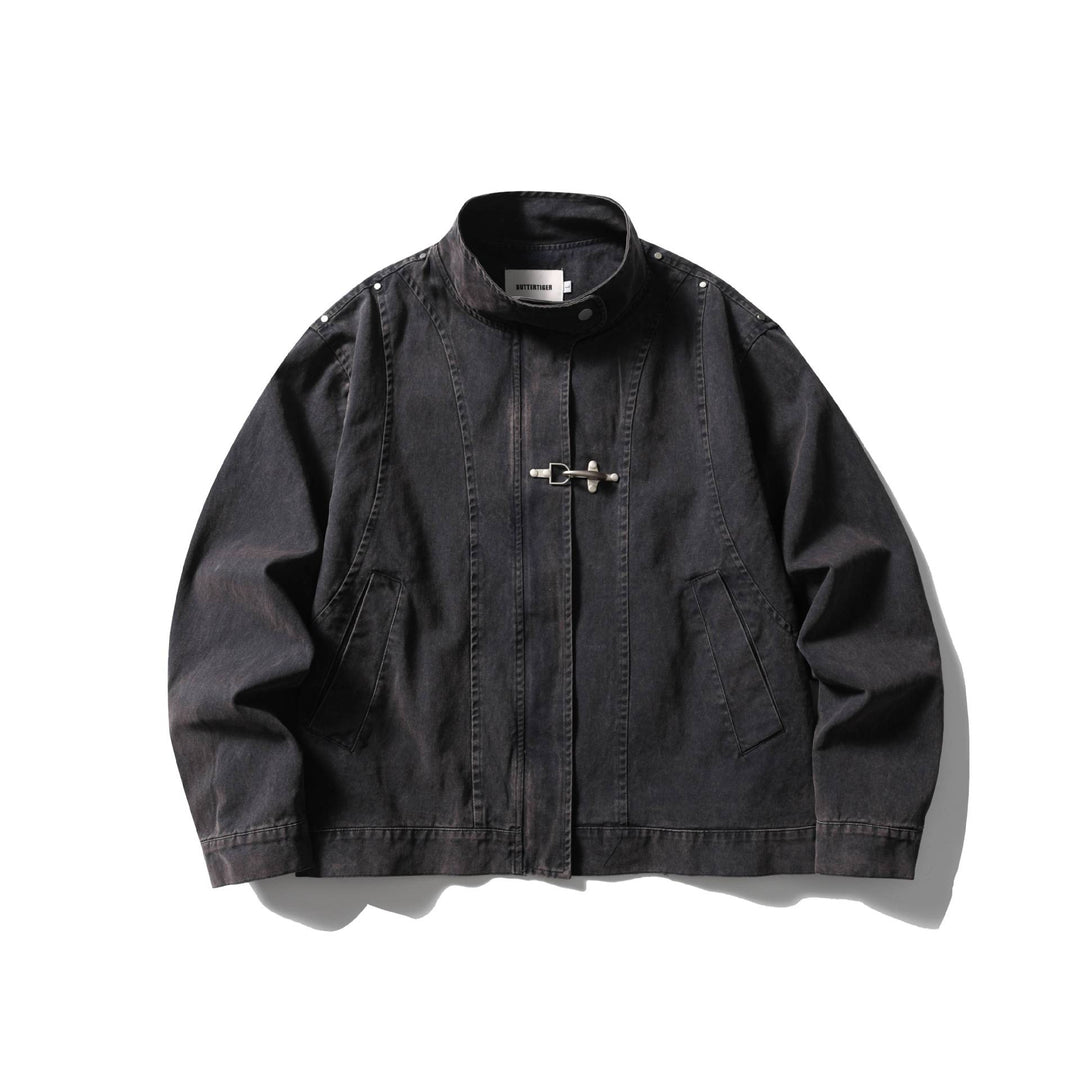 Men's Short Vintage Denim Field Blouson with Stand Collar, Toggle Closure and Utility Pockets Mune Fashion