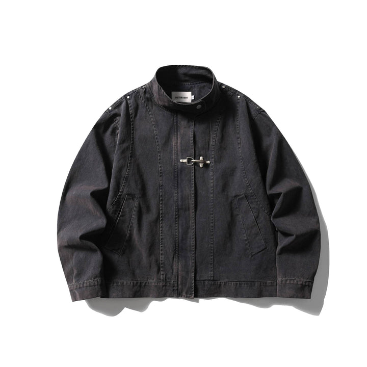 Men's Short Vintage Denim Field Blouson with Stand Collar, Toggle Closure and Utility Pockets Mune Fashion