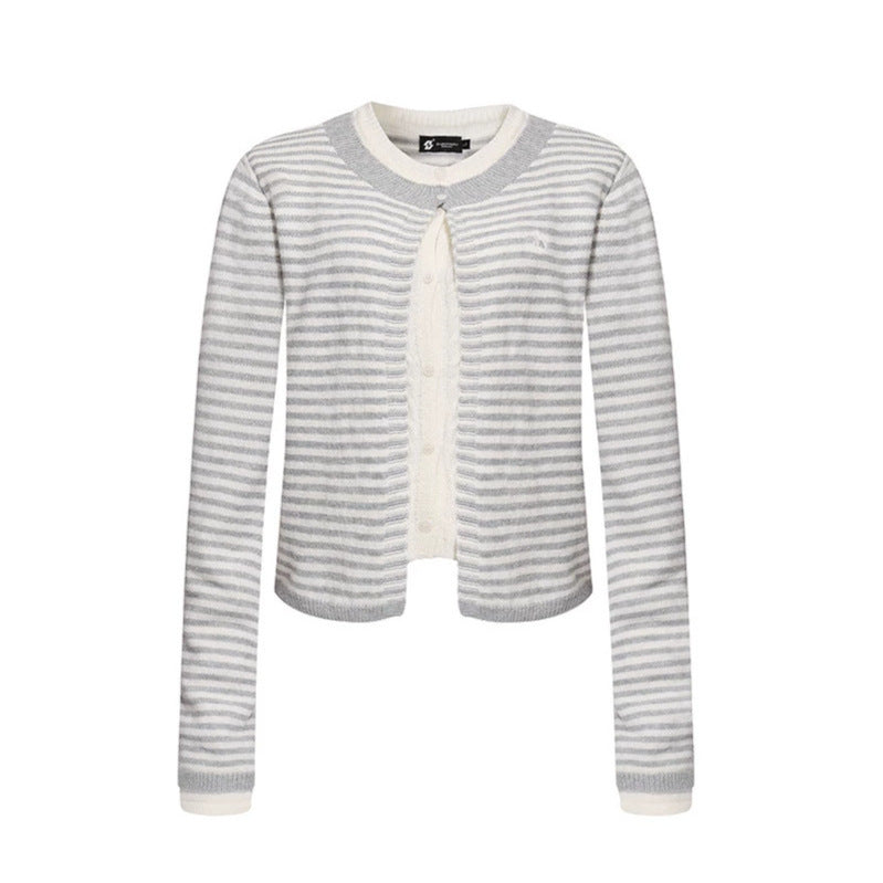 Women's Short Layered Cardigan with Round Neck and Fine Stripes Mune Fashion