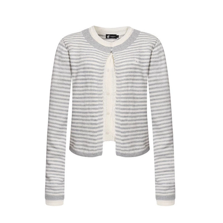 Women's Short Layered Cardigan with Round Neck and Fine Stripes Mune Fashion