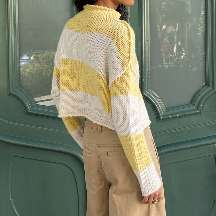 Women's Chunky Knit Cropped Sweater with Stand-Up Collar and Dropped Sleeves Mune Fashion