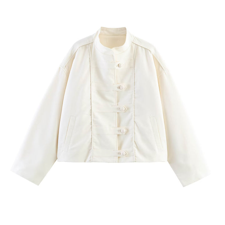 Women Oversized Jacket with Stand Collar and Chinese Decorative Buttons Mune Fashion