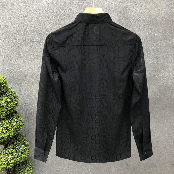 Men's Long Sleeve Jacquard Shirt with Fine Floral Relief and Kent Collar Mune Fashion