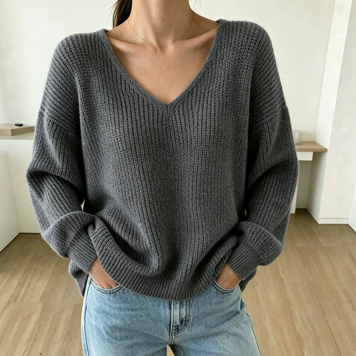 Women's Casual Boxy Chunky Knit Sweater with V-Neck and Ribbed Cuffs Mune Fashion