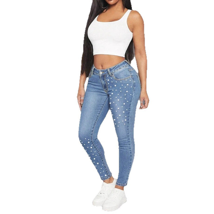 Women High-Waist Skinny Jeans with Pearl Application Mune Fashion