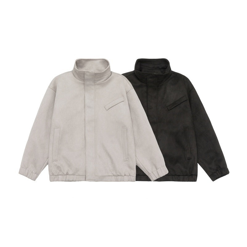 Unisex Short-Cut Stand-Up Collar Fleece Jacket with Concealed Snap Button Placket Mune Fashion